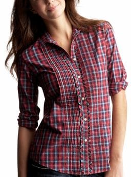 Women: Plaid ruffled pintuck shirt - red plaid