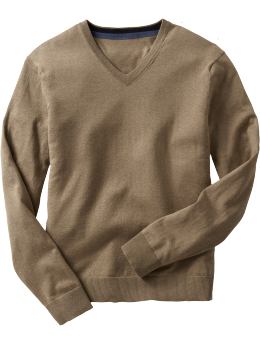 Men: Solid cotton V-neck sweater - dark oatmeal heather