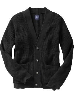 Men: Waffle-knit cardigan sweater - true black knit