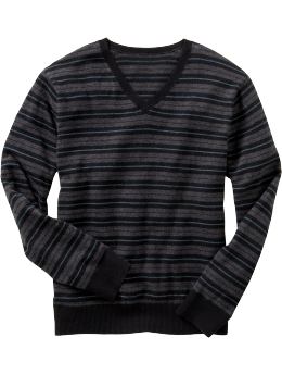 Men: Striped v-neck sweater - true black