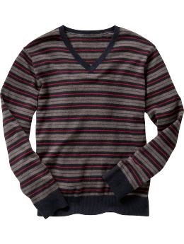 Men: Striped v-neck sweater - oatmeal heather