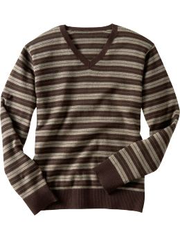 Men: Striped v-neck sweater - classic brown