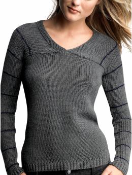 Women: Striped empire V-neck sweater - grey w/ navy stripe