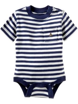 Bold new stripes and colors refresh our essential short sleeved pocket T bodysuit. - Soft knit pre-washed cotton. Short sleeves, finely ribbed crew neck and bottom trim. Single chest pocket with embroidered Brannan bear. Snaps at shoulder and at bottom. Tagless.