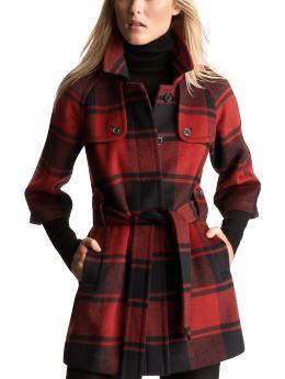Women: Plaid belted coat - red plaid