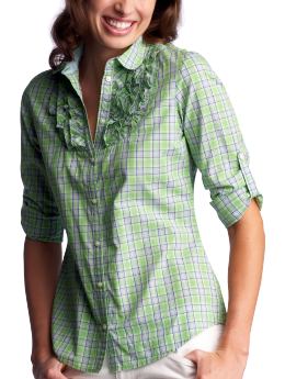 Women: Plaid ruffled shirt - green plaid