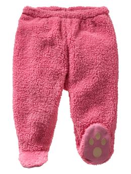 Soft knit cotton chenille fleece. - Elasticized waist. Attached feet with bear paw detailed-grippers at soles. Embroidered brannan bear at back right.