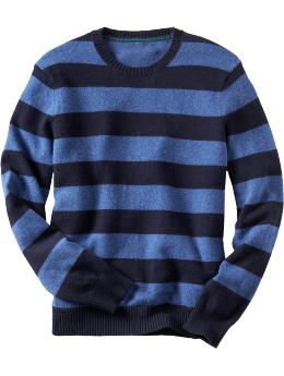 Men: Cotton/wool striped crewneck sweater - blue stripe