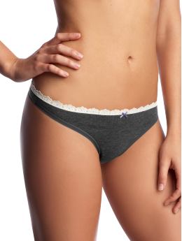 Women: Low rise lace-trimmed stretch cotton thong - deep charcoal heather 8.50