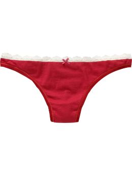 Women: Low rise lace-trimmed stretch cotton thong - cinnabar red 8.50