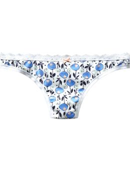 Women: Low rise lace-trimmed stretch cotton thong - blue bell floral print 8.50