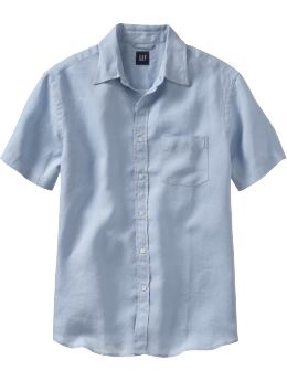 Men: Fitted short-sleeved solid linen shirt - wind blue