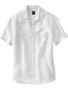 Men: Fitted short-sleeved solid linen shirt - white