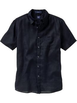 Men: Fitted short-sleeved solid linen shirt - true navy