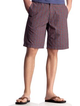Men: Flat front plaid shorts - brown plaid