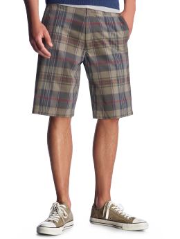 Men: Flat front green plaid shorts - green plaid