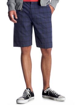 Men: Flat front blue plaid shorts - blue black