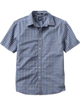 Men: Fitted short-sleeved plaid shirt - blue plaid