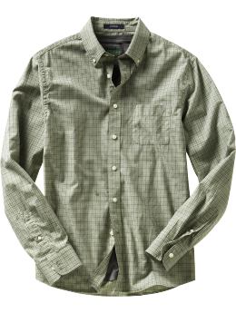 Men: Fitted plaid button-front shirt - green plaid