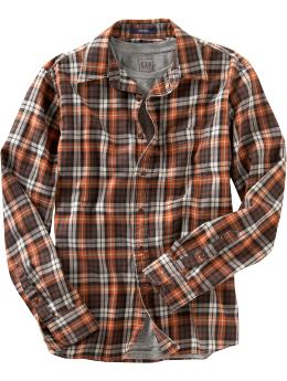 Men: Fitted orange plaid flannel shirt - orange plaid