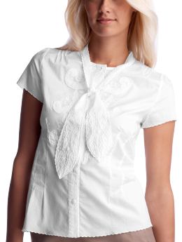 Women: Embroidered tie-neck shirt - white