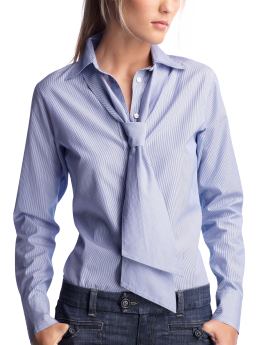 Women: Fitted tie-neck shirt - navy stripe