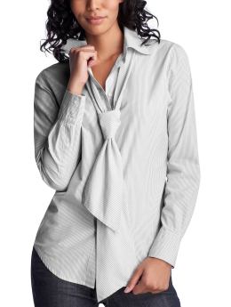 Women: Fitted tie-neck shirt - white & grey