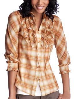 Women: 3/4-sleeved ruffle-front top - orange plaid