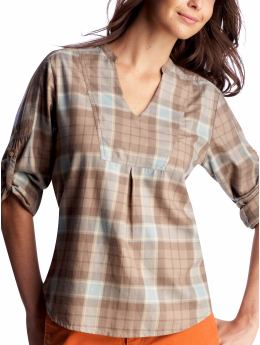 Women: Roll-up poet-sleeve top - gray plaid