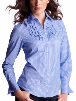 Women: Ruffle-bib striped shirt - blue & white stripe