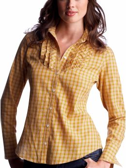 Women: Ruffle-bib plaid shirt - gold
