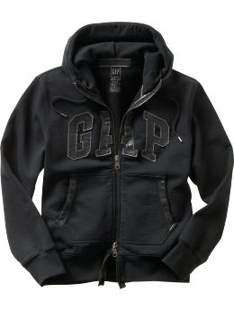 Men: Leather-trim hooded fleece jacket - true black