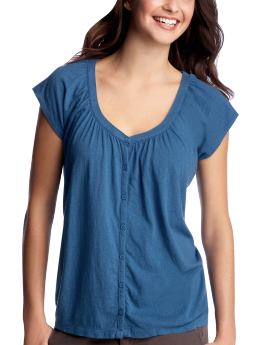 Women: Shirred button-front top - beetle blue