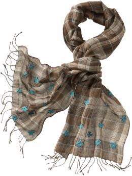Women: Floral embroidered scarf - brown plaid