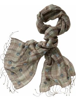 Women: Floral embroidered scarf - neutral plaid