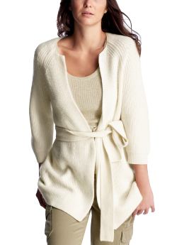 Women: Long belted cardigan - antique cream
