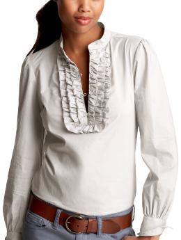 Women: Ruffled bib-front shirt - light gravel