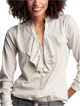 Women: Ruffle-front checked top - brown check