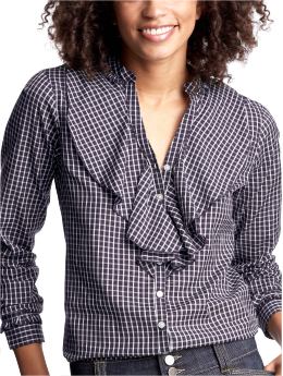 Women: Ruffle-front checked top - navy check