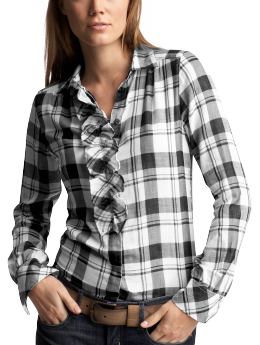 Women: Ruffle-front buffalo plaid shirt - white plaid