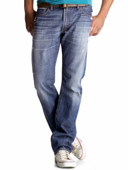 Men: Selvage straight fit (medium destructed) jeans - medium destructed denim