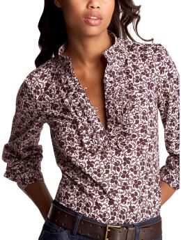Women: Floral ruffled bib-front shirt - purple print