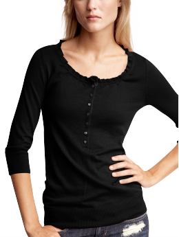 Women: Ruffle-neck henley sweater - true black knit
