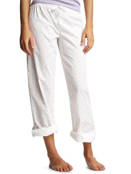 Women: Roll-up poplin pajama pants - white w/lilac dots