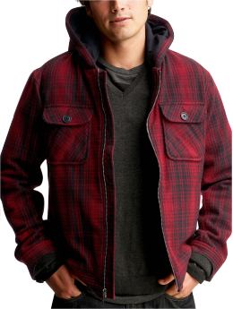 Men: Wool hooded plaid zip-up jacket. - red plaid