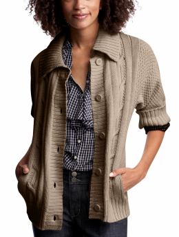 Women: Cropped-sleeve cable knit cardigan - mocha cream