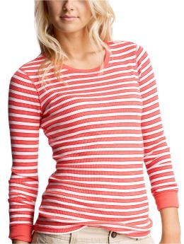 Women: Striped featherweight waffle crew - pink stripe