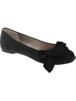 Women: Bow peep-toe ballet flats - true black
