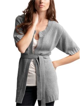 Women: Cropped-sleeve long cardigan - heather gray