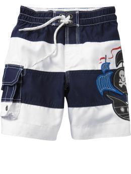 Striped pirate ship swim trunks